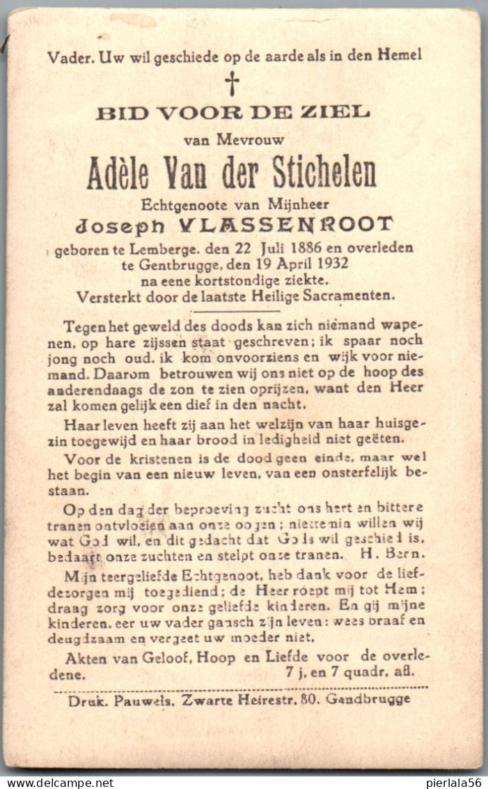 Bidprentje Lemberge - Van Der Stichelen Adèle (1886-1932) - Imágenes Religiosas