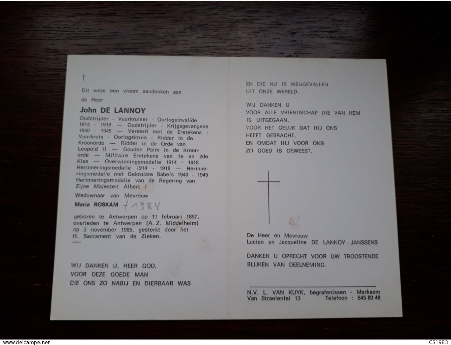 Oudstrijder-Vuurkruiser 1914-1918 - Krijgsgevangene 1940-1945 - John De Lannoy ° Antwerpen 1897 + 1985 X Maria Roskam - Esquela