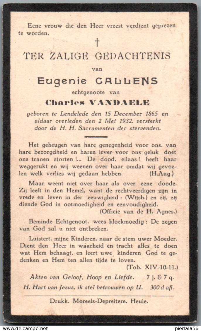 Bidprentje Lendelede - Callens Eugenie (1865-1932) - Devotion Images