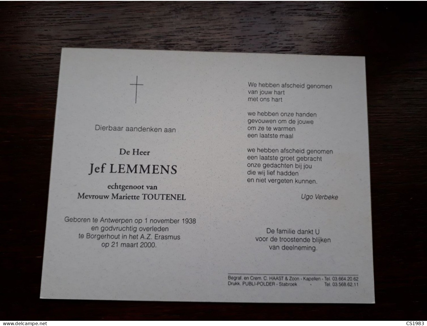 Jef Lemmens ° Antwerpen 1938 + Borgerhout 2000 X Mariette Toutenel - Esquela