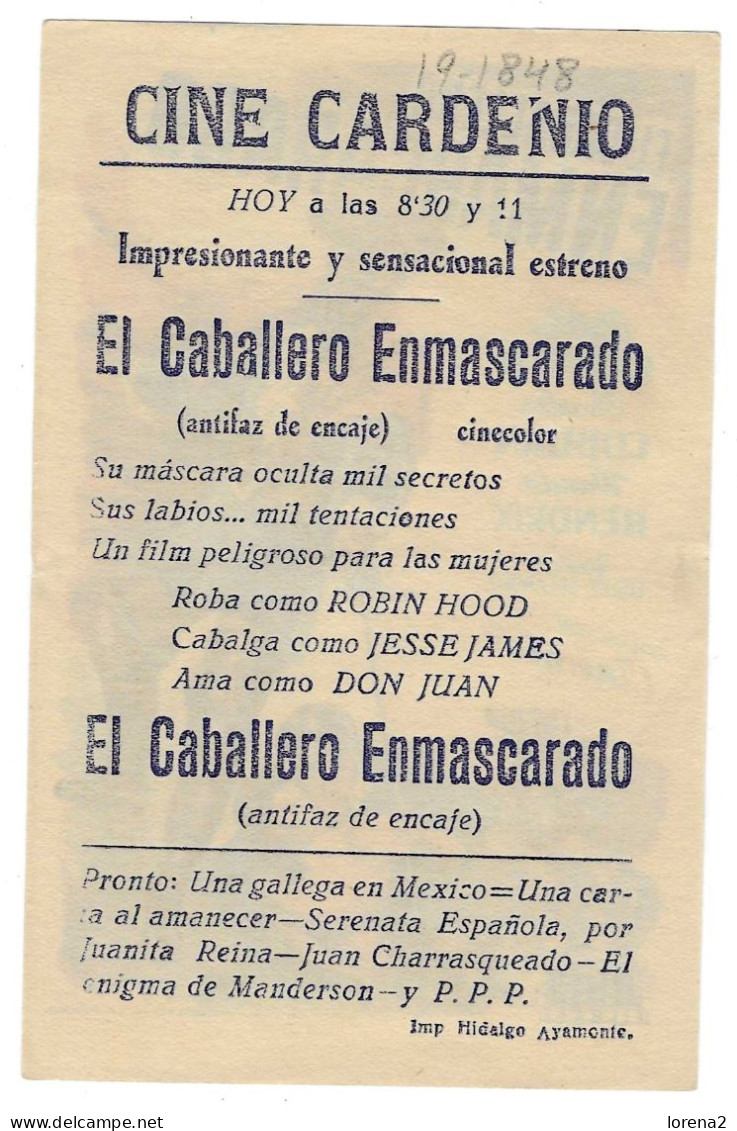 Programa Cine. El Caballero Enmascarado. Philip Friend. 19-1848 - Publicité Cinématographique