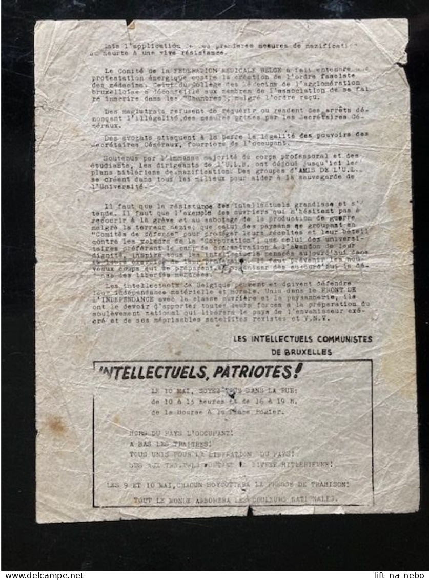 Tract Presse Clandestine Résistance Belge WWII WW2 '10 Mai 1942 Aux Intellectuels Bruxellois' - Documenti