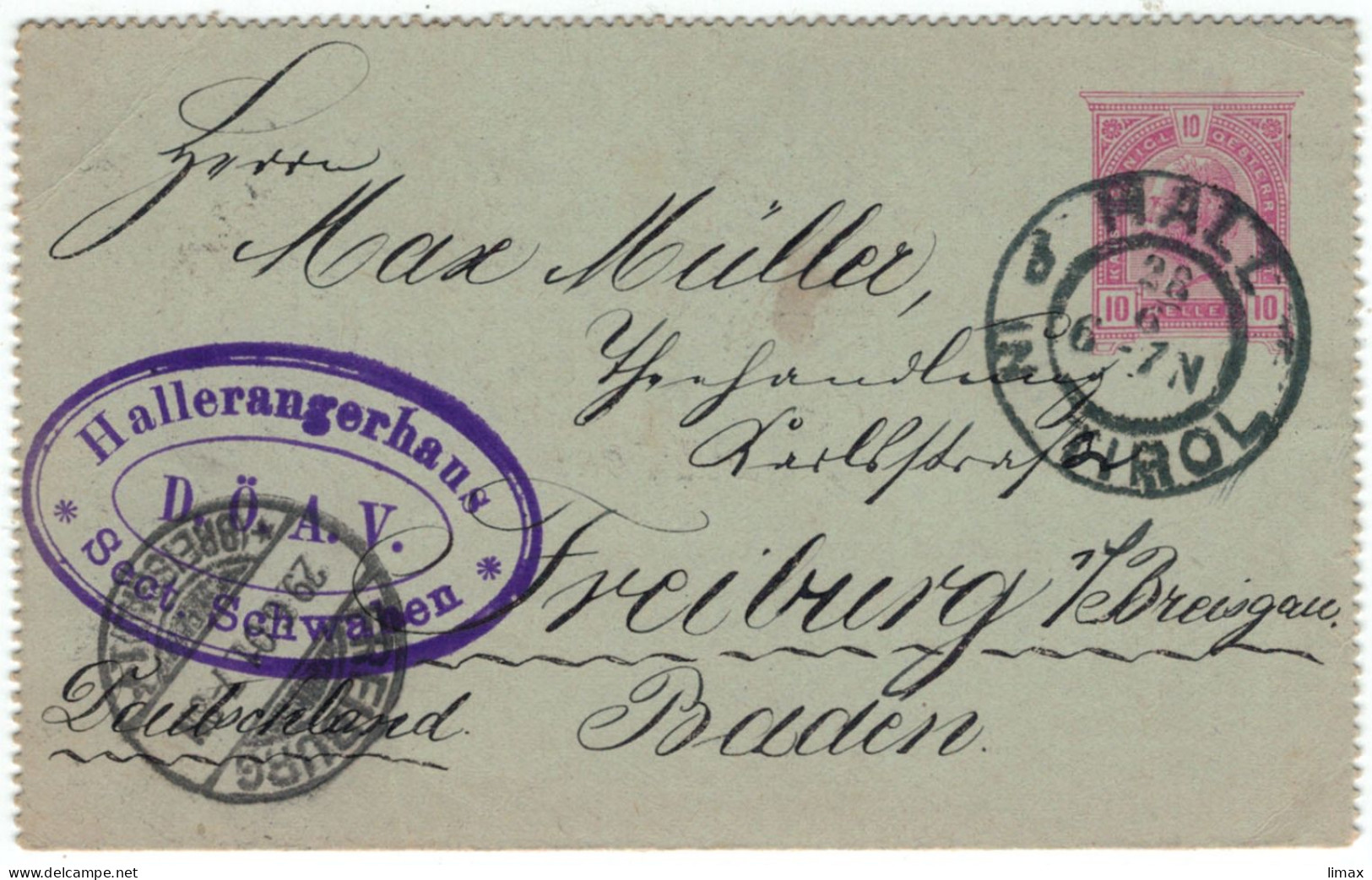 Ganzsache Hallerangerhaus Sektion Schwaben Deutsch-Österreichischer Alpenverein 1901 > Max Müller Freiburg Breisgau - Storia Postale