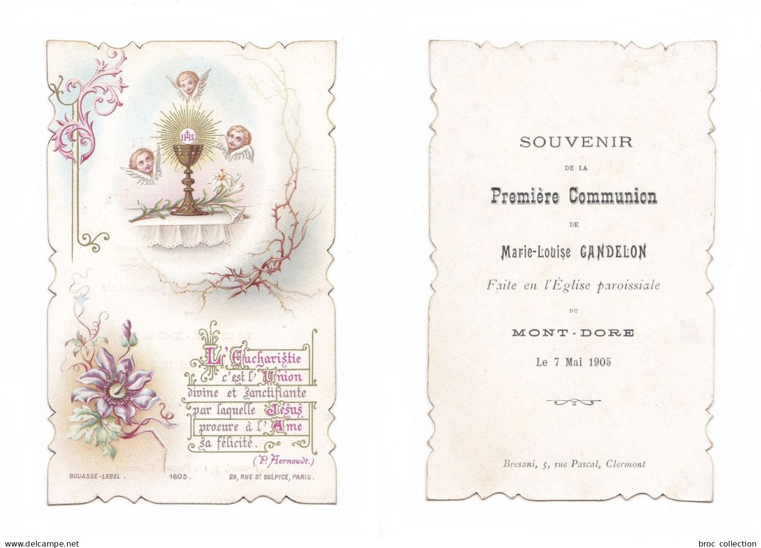 Le Mont-Dore, 1re Communion De Marie-Louise Gandelon, 1905, Citation P. Aernoudt, éd. Bouasse-Lebel N° 1605 - Devotieprenten