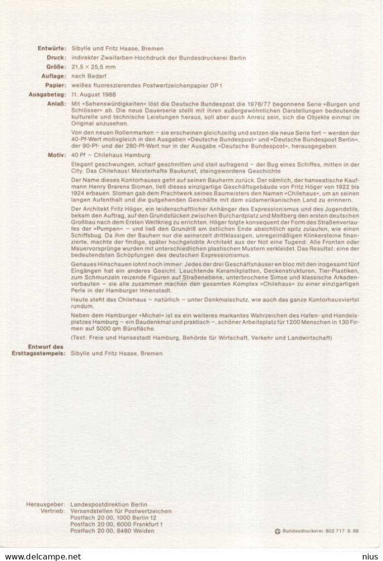 Germany Deutschland 1988-11 Dauerserie Sehenswurdigkeiten Rollenmarken, Chilehaus Hamburg, Canceled In Berlin - 1981-1990
