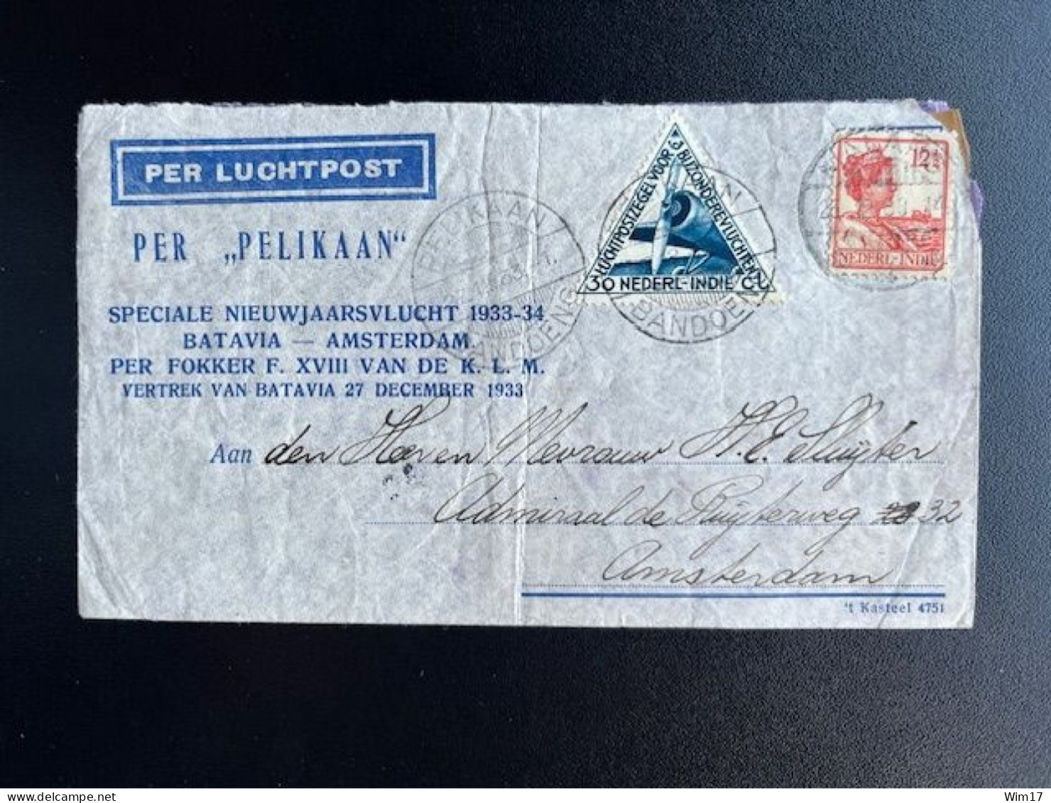 DUTCH EAST INDIES 1933 AIR MAIL LETTER MALANG TO AMSTERDAM 25-12-1933 NEDERLANDS INDIE PELIKAAN NIEUWJAARSVLUCHT - Indie Olandesi