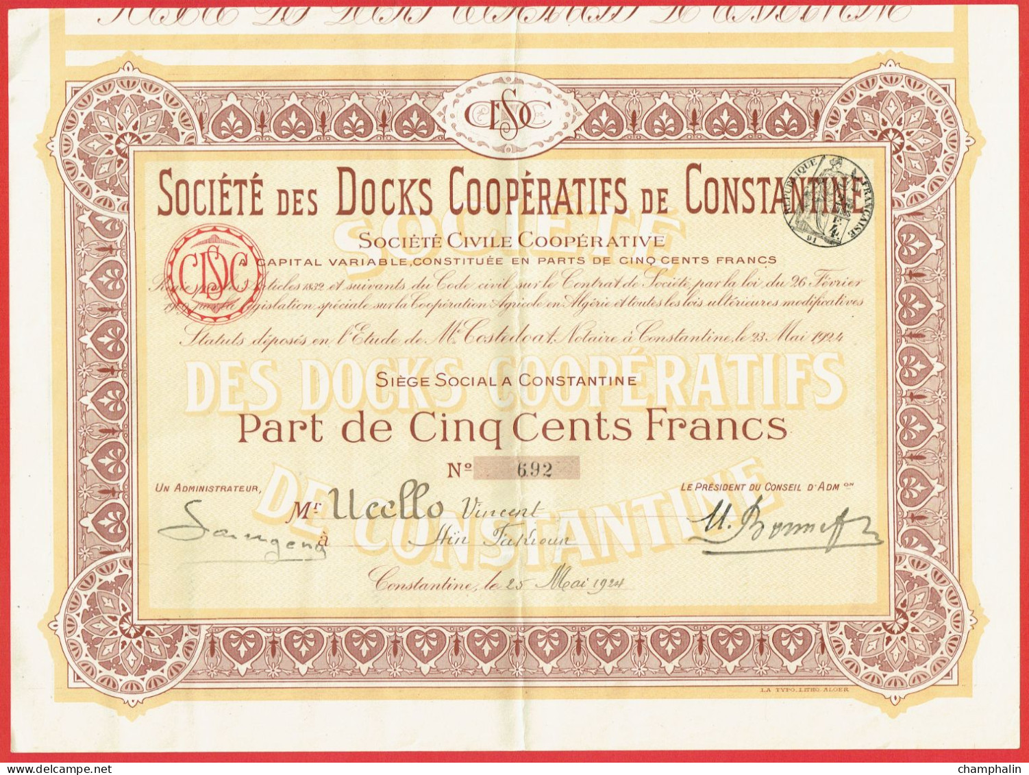 Actions - Algérie - Société Des Docks Coopératifs De Constantine - 23 Mai 1924 - Part De 500 Francs - Aïn-Fakroun - Afrique