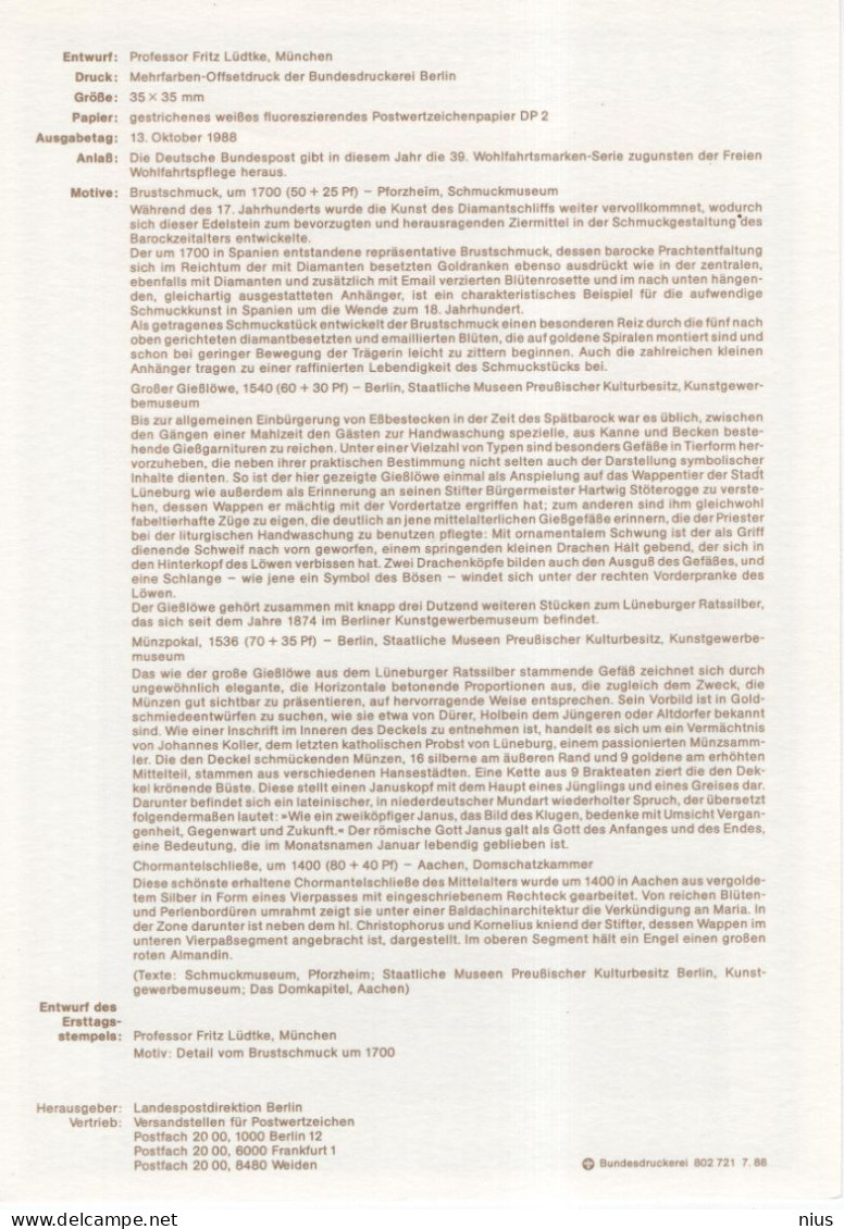 Germany Deutschland 1988-13 Fur Die Wohlfahrtspflege, Meisterwerke Silber Gold, Canceled In Berlin - 1981-1990