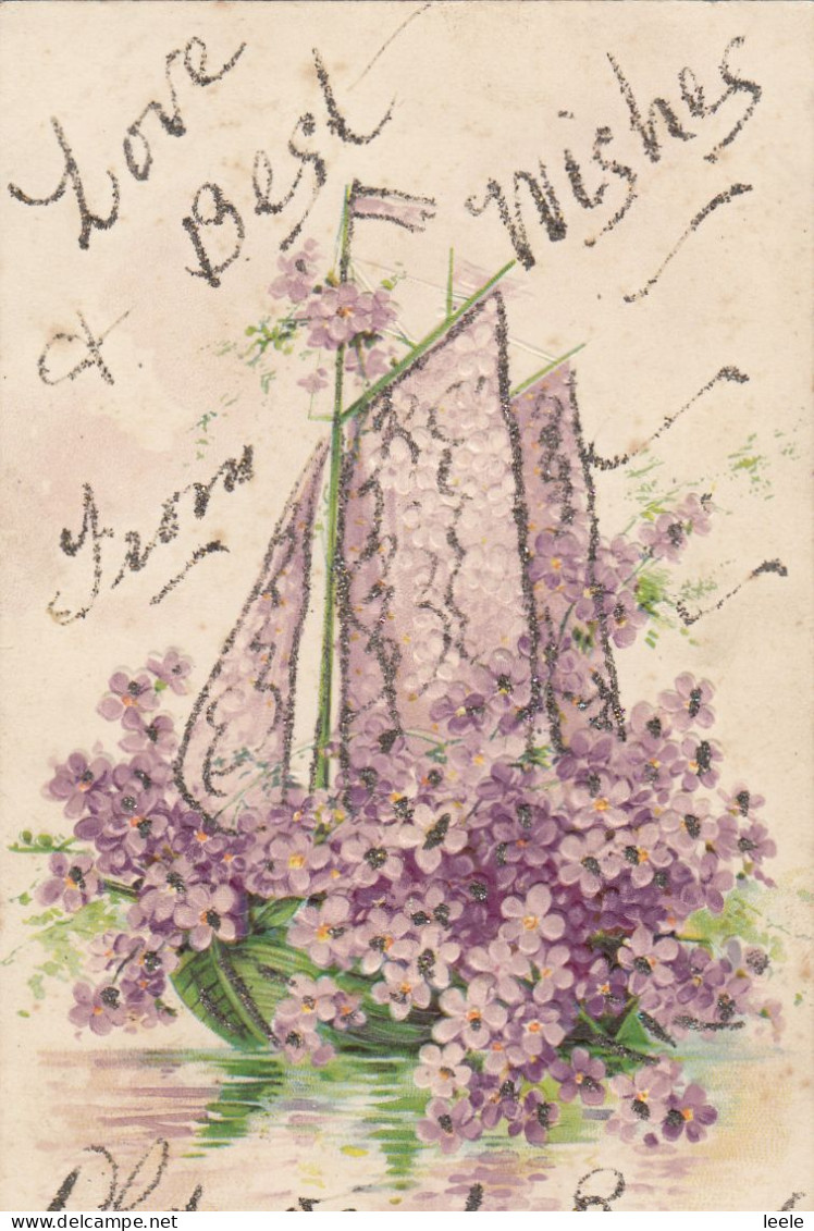 D84. Vintage Glittered Greetings Postcard. Old Kent Road. Boat Of Forget Me Nots. - Autres & Non Classés