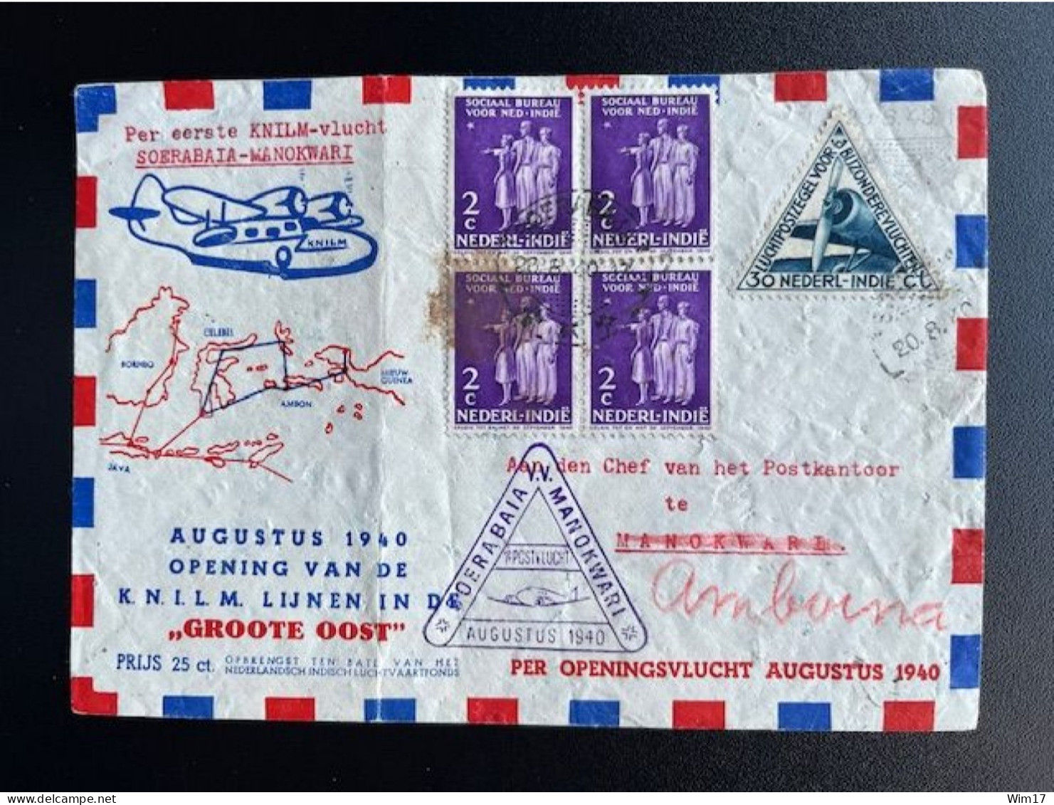 DUTCH EAST INDIES 1940 REGISTERED AIR MAIL LETTER SOERABAJA TO AMBOINA 20-08-1940 NEDERLANDS INDIE MANOKWARI - India Holandeses