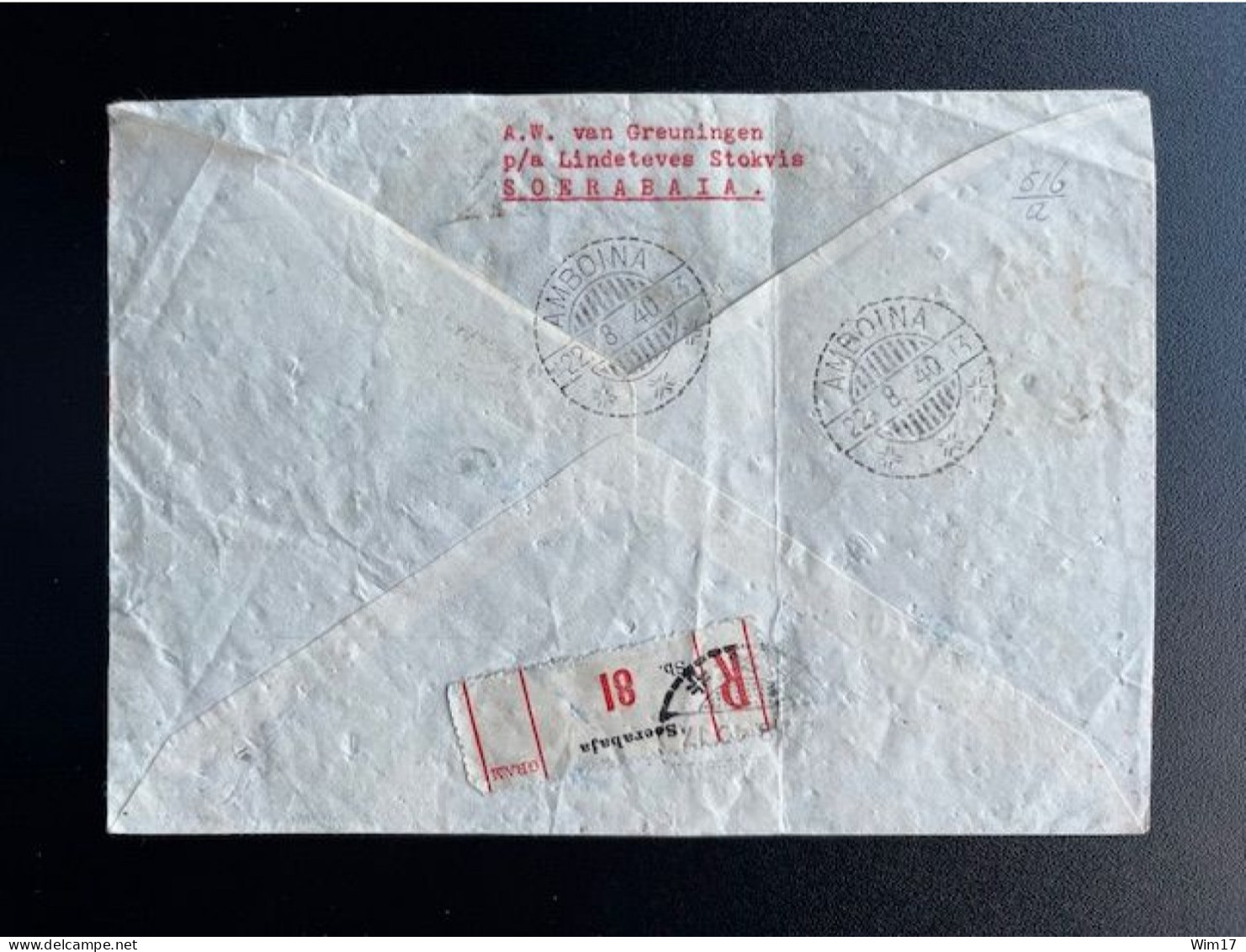 DUTCH EAST INDIES 1940 REGISTERED AIR MAIL LETTER SOERABAJA TO AMBOINA 20-08-1940 NEDERLANDS INDIE MANOKWARI - Netherlands Indies