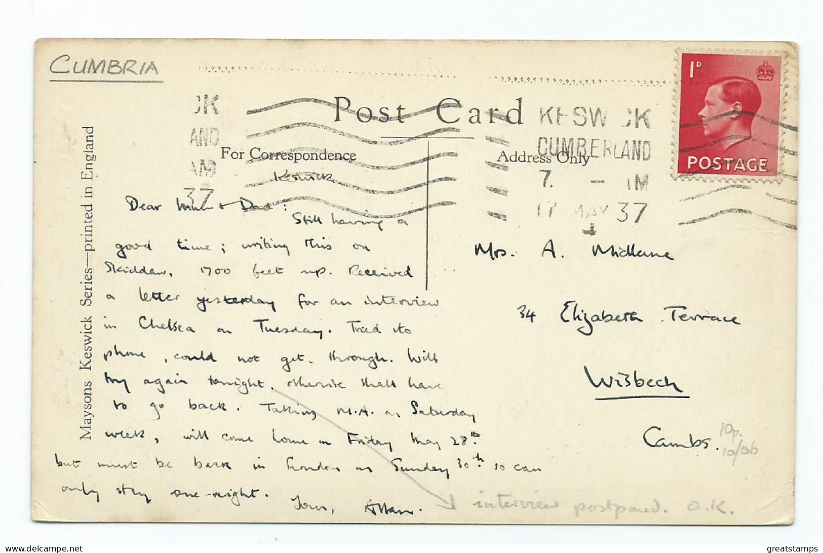 Cumbria Postcard Langdale Pikes Keswick.posted 1937 Edward Stamp. Maysons - Autres & Non Classés