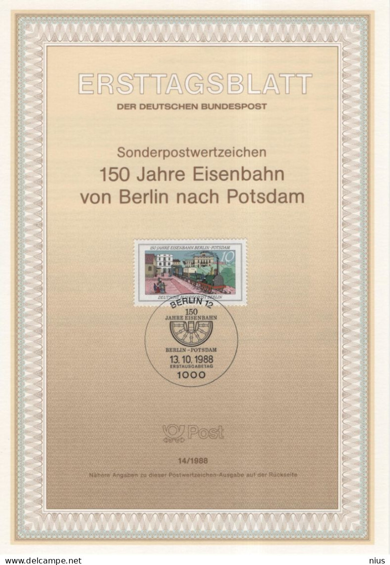 Germany Deutschland 1988-14 150th Anniv. Of The Berlin Nach Potsdam Railway Station Railroad Train Eisebahn, Berlin - 1981-1990