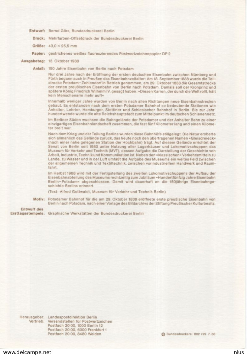 Germany Deutschland 1988-14 150th Anniv. Of The Berlin Nach Potsdam Railway Station Railroad Train Eisebahn, Berlin - 1981-1990