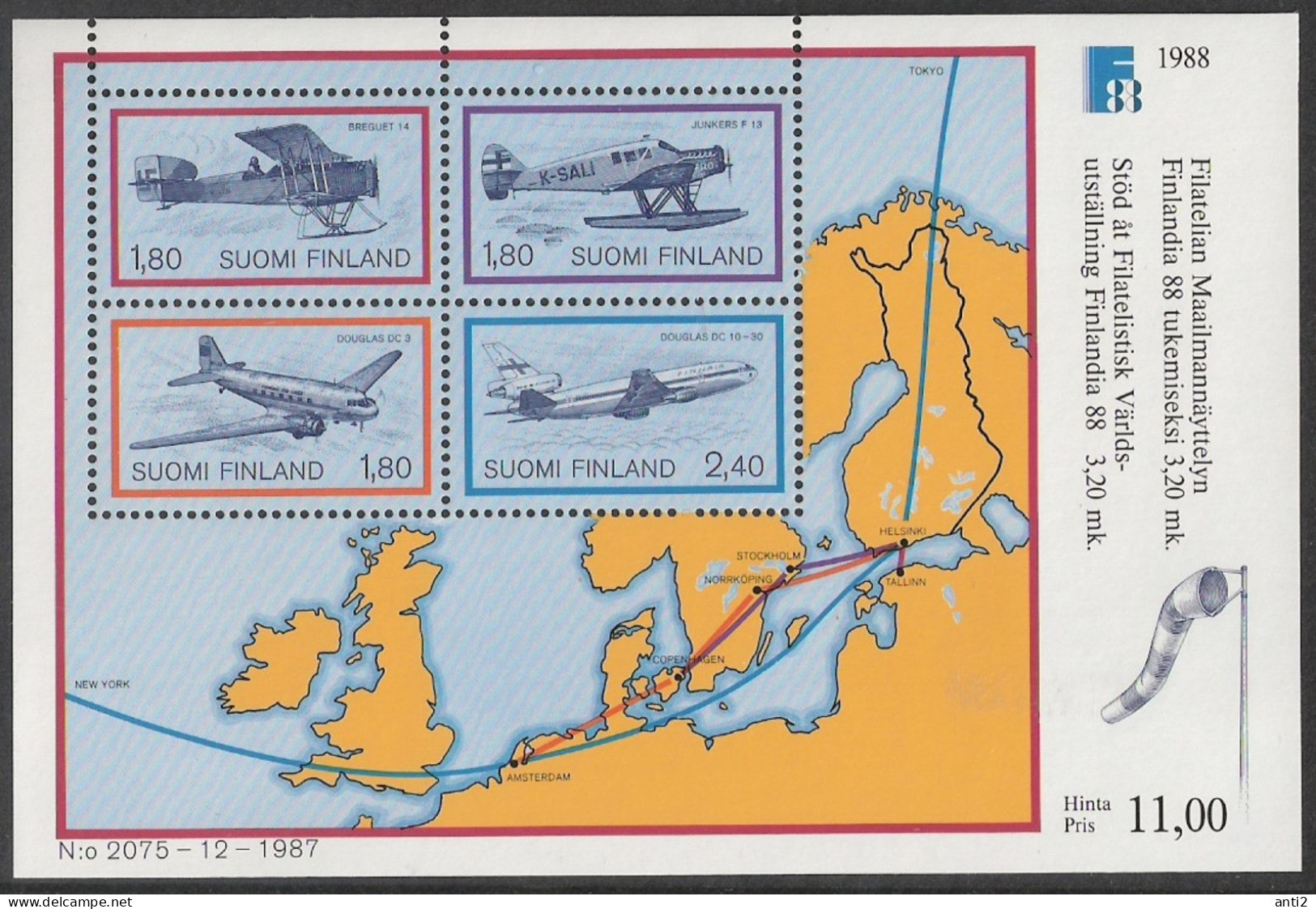 Finland 1988 Planes, Aircraft, Stamp Exhibition FINLANDIA '88, Helsinki (IV): Air Traffic Promotion Mi Bloc 4 MNH(**) - Unused Stamps