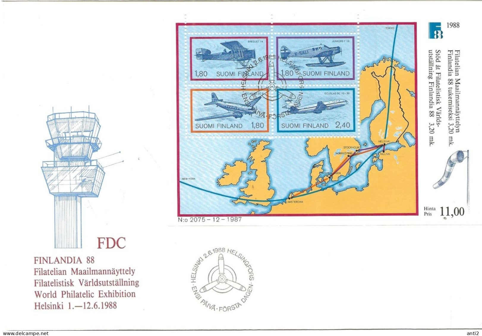 Finland   1988 Stamp Exhibition FINLANDIA '88, Helsinki (IV): Airmail Transport. Planes  Mi Bloc 4 FDC - Brieven En Documenten