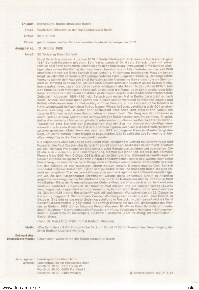 Germany Deutschland 1988-15 Ernst Barlach, "Der Sammler", Sculptor, Berlin - 1981-1990