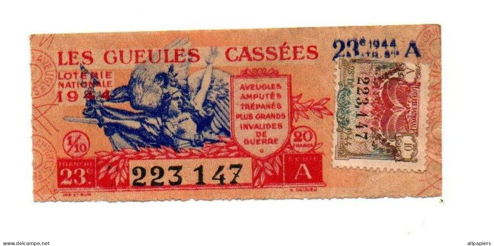 Billet De Loterie Nationale 1944 Les Gueules Cassées N°223147 - Format : 11x4 Cm - Biglietti Della Lotteria