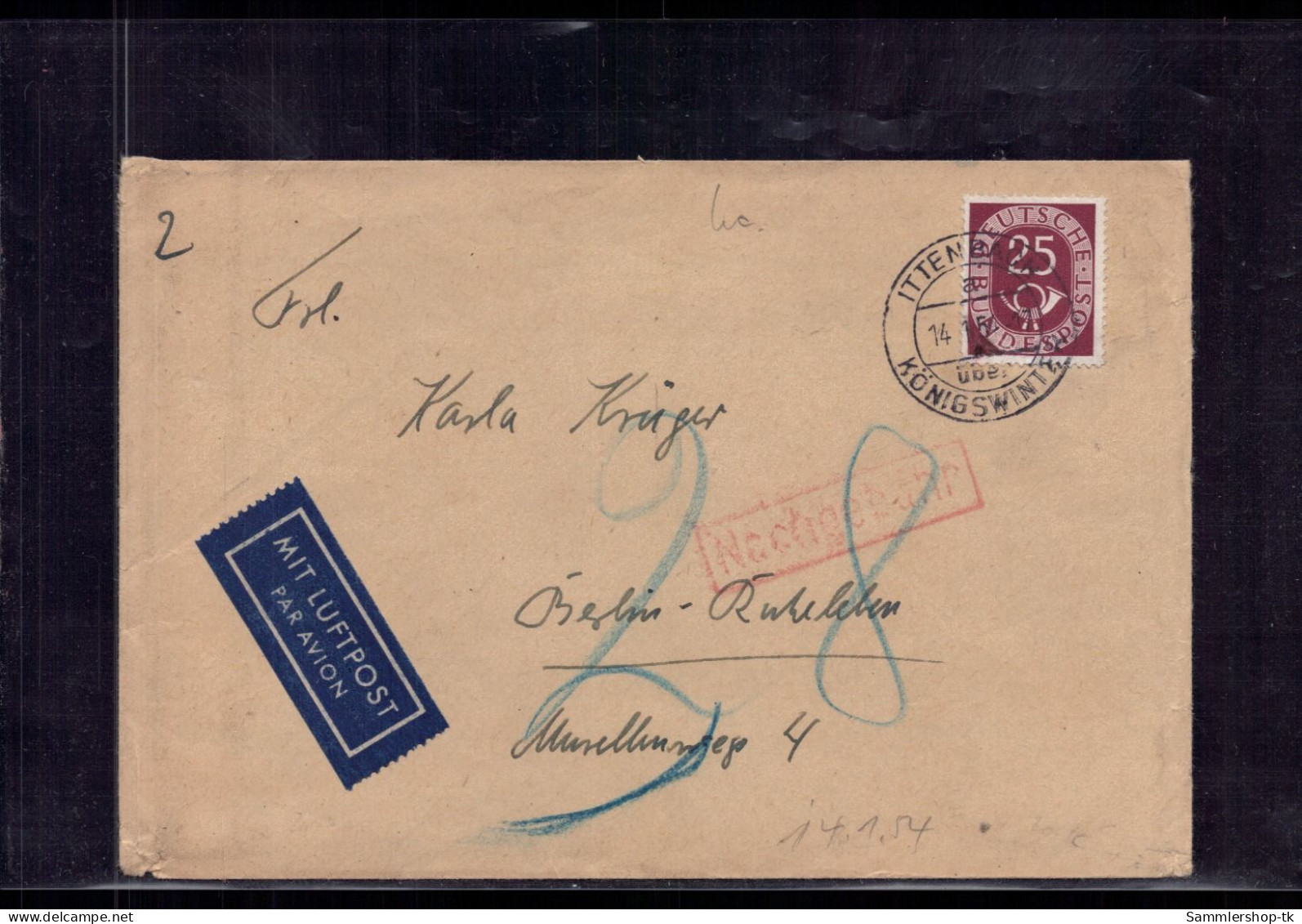 Bund Luftpost Brief Posthorn EF + Nachgebühr - Ittenbach N. Berlin 1954 - Altri & Non Classificati