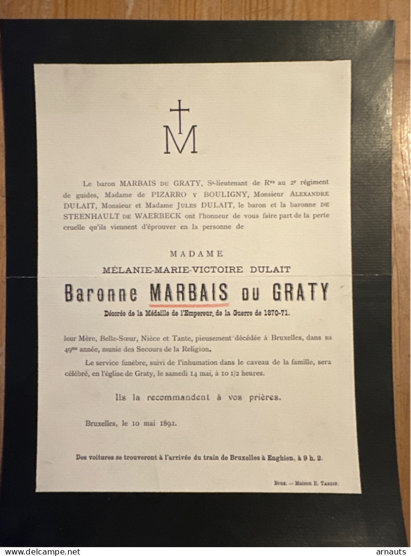 Melanie Baronne Marbais Du Graty Medaille Empereur Guerre 1870-71 *1843+1892 Bruxelles Graty Enghien De Pizarro Bouligny - Décès