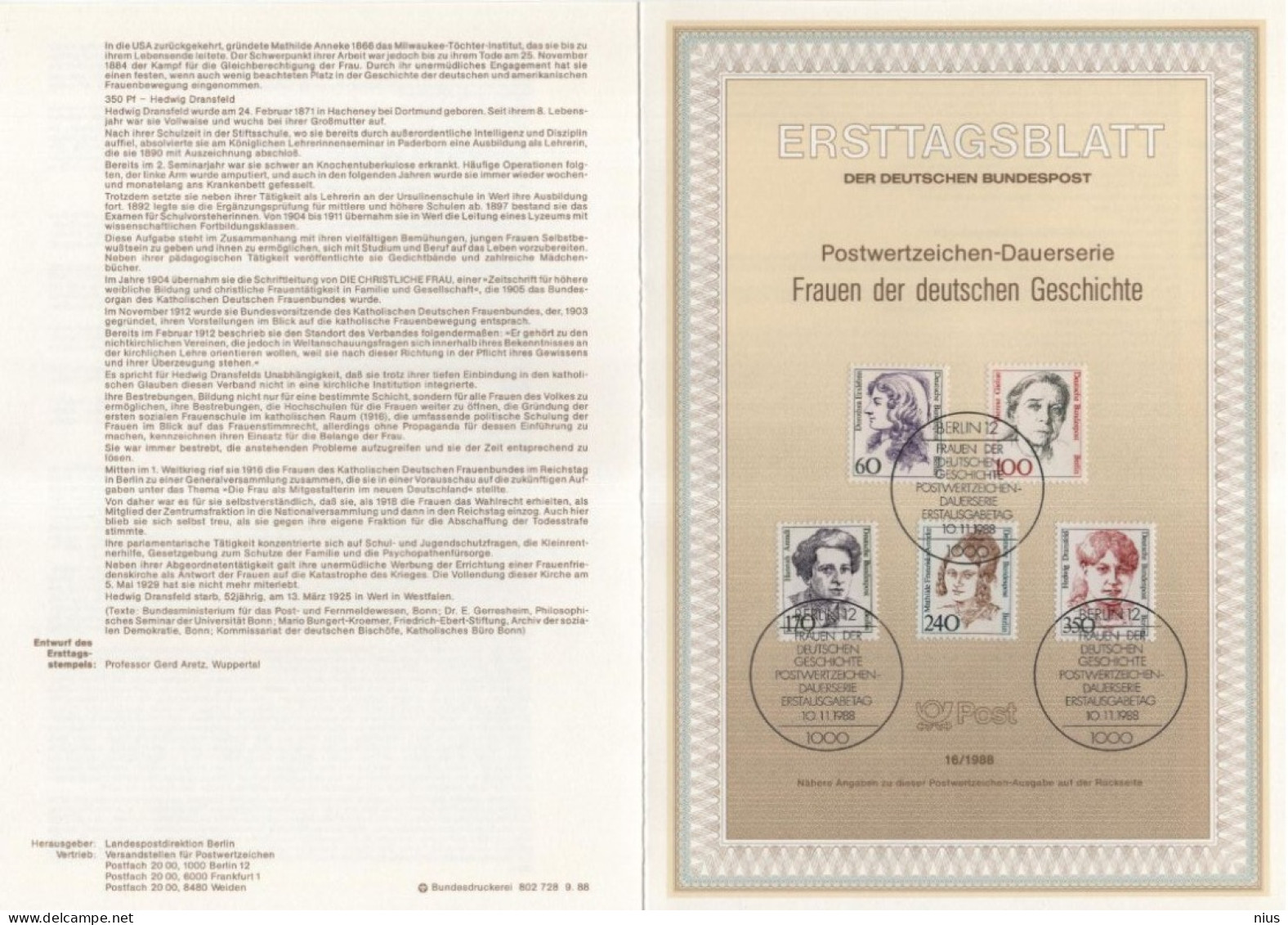 Germany Deutschland 1988-16 Frauen, Erxleben, Giehse, Arendt, Anneke, Dransfeld, Canceled In Berlin - 1981-1990