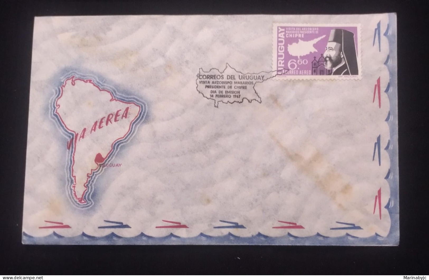 D)1967, URUGUAY, FIRST DAY COVER, ISSUE, VISIT OF ARCHBISHOP MAKARIOS, PRESIDENT OF CYPRUS, FDC - Uruguay