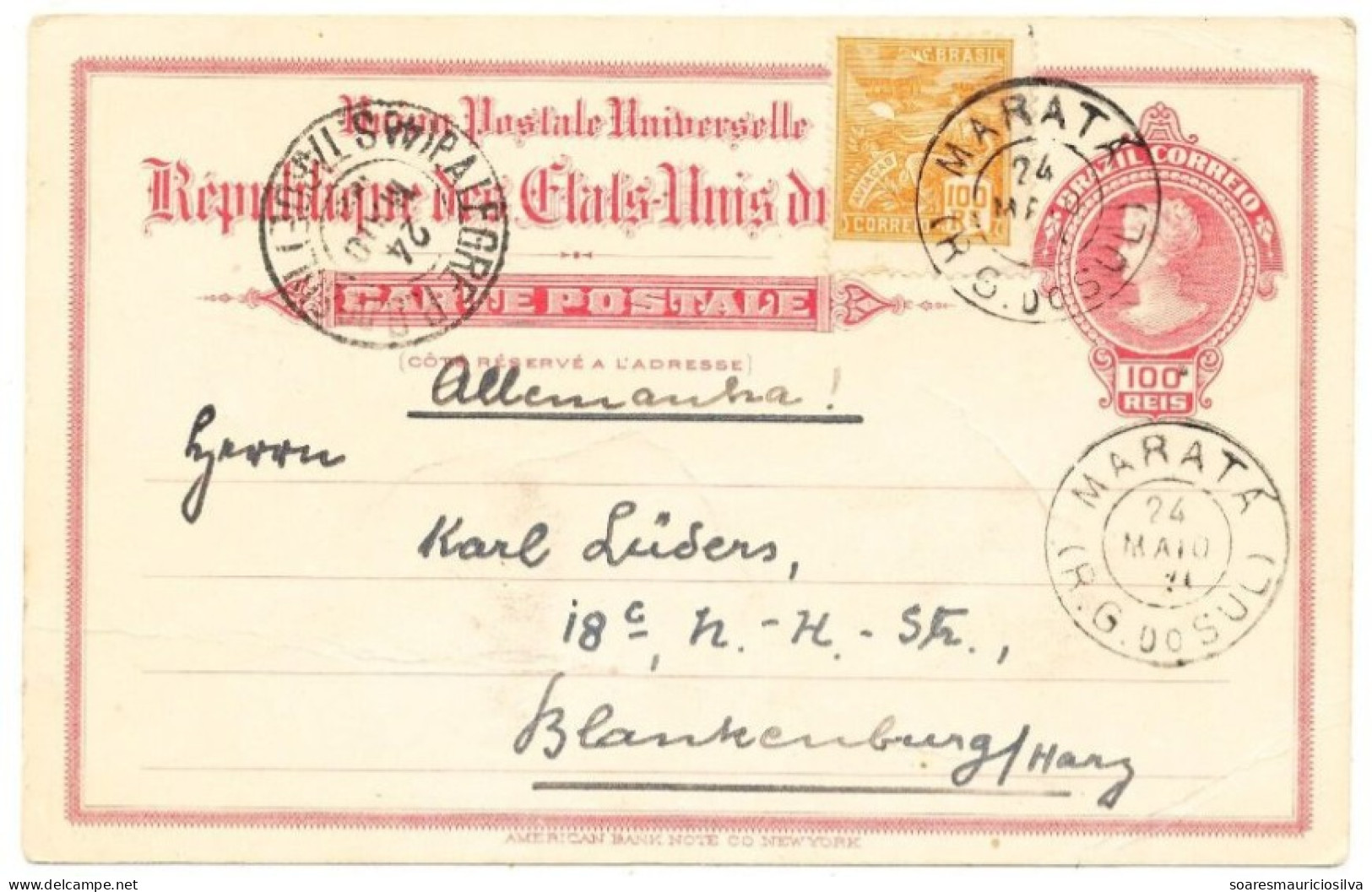 Brazil 1924 Postal Stationery Card Stamp 100 Réis Sent From Maratá Via Porto Alegre To Blankenburg Germany - Interi Postali