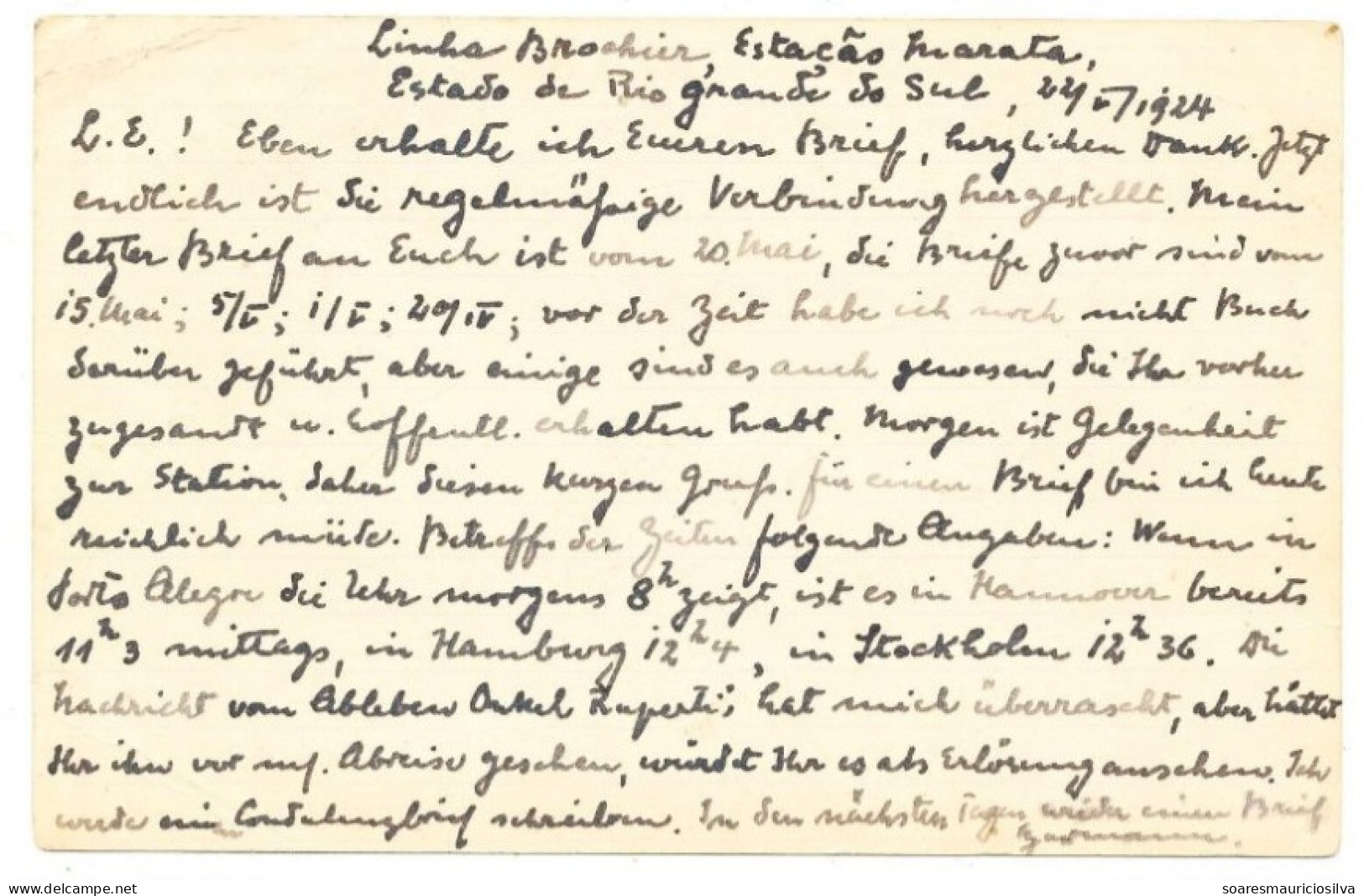 Brazil 1924 Postal Stationery Card Stamp 100 Réis Sent From Maratá Via Porto Alegre To Blankenburg Germany - Postwaardestukken