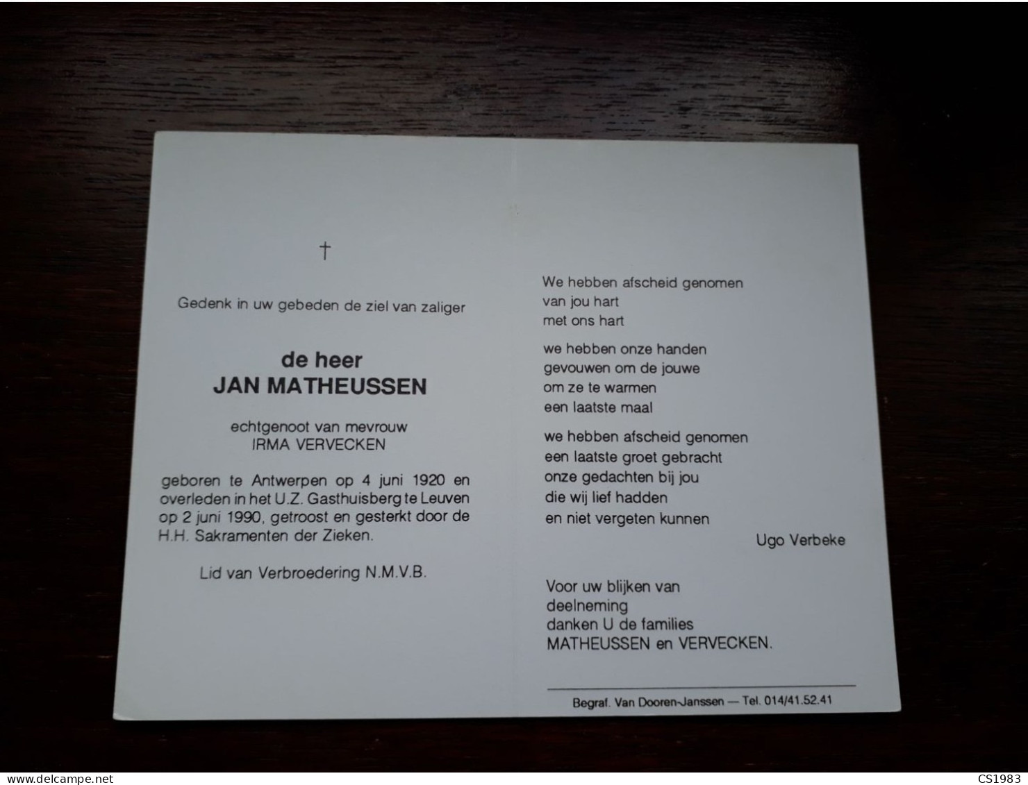 Jan Matheussen ° Antwerpen 1920 + Leuven 1990 X Irma Vervecken - Esquela