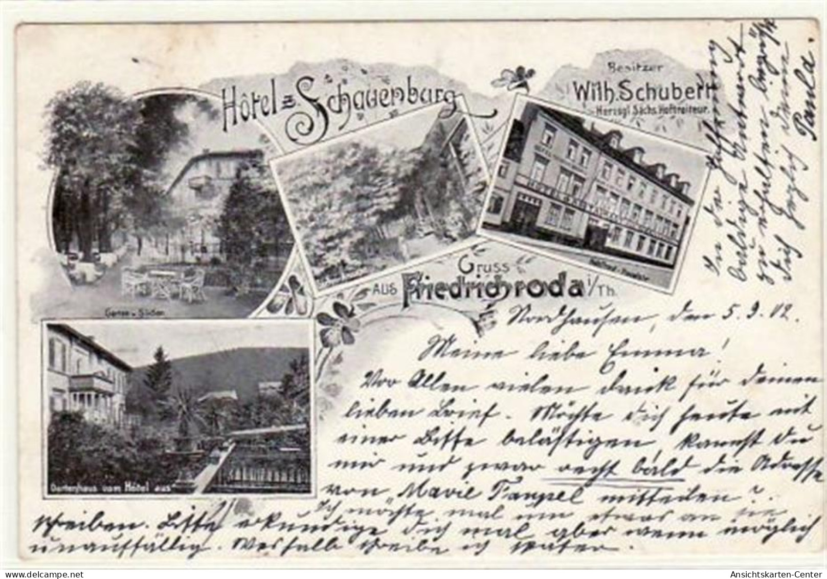 39002106 - Gruss Aus Friedrichroda I. Thuer. Hotel Schauenburg Mit 4 Verschiedenen Ansichten Gelaufen 1902 Eckbug Oben  - Friedrichroda
