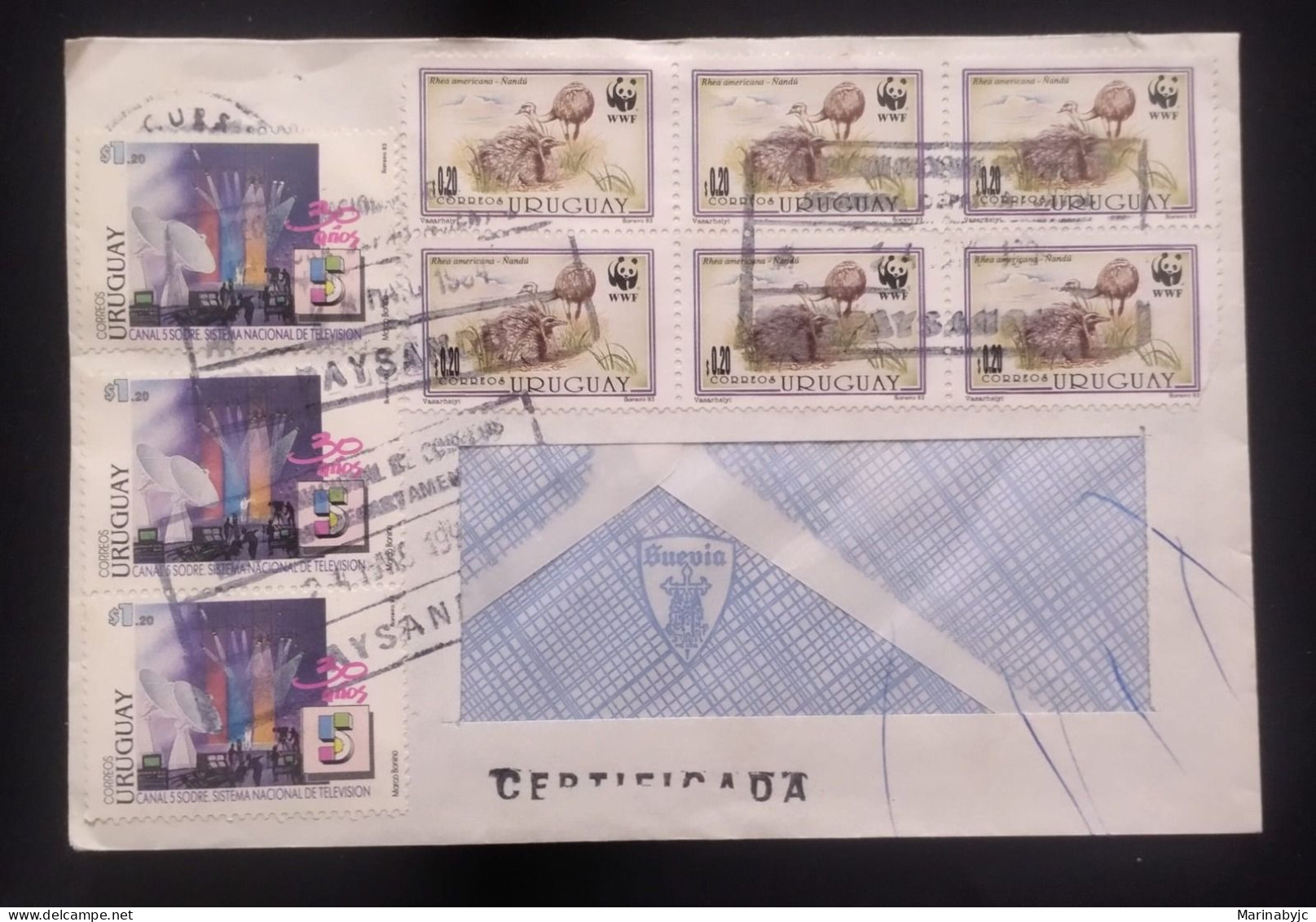 D)1994, URUGUAY, LETTER WITH 3 STAMPS XXX ANNIVERSARY OF TELEVISION CHANNEL 5, 6 STAMPS WWF, WORLD FOUNDATION FOR THE PR - Uruguay