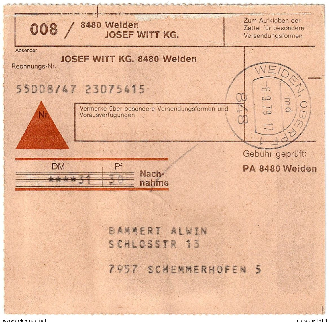 Cash On Delivery / Invoice Seals Josef Witt KG Weiden - Schemmerhofen 8.9.79 / Weiden 6.9.79 & 5 Stamps - Sonstige & Ohne Zuordnung