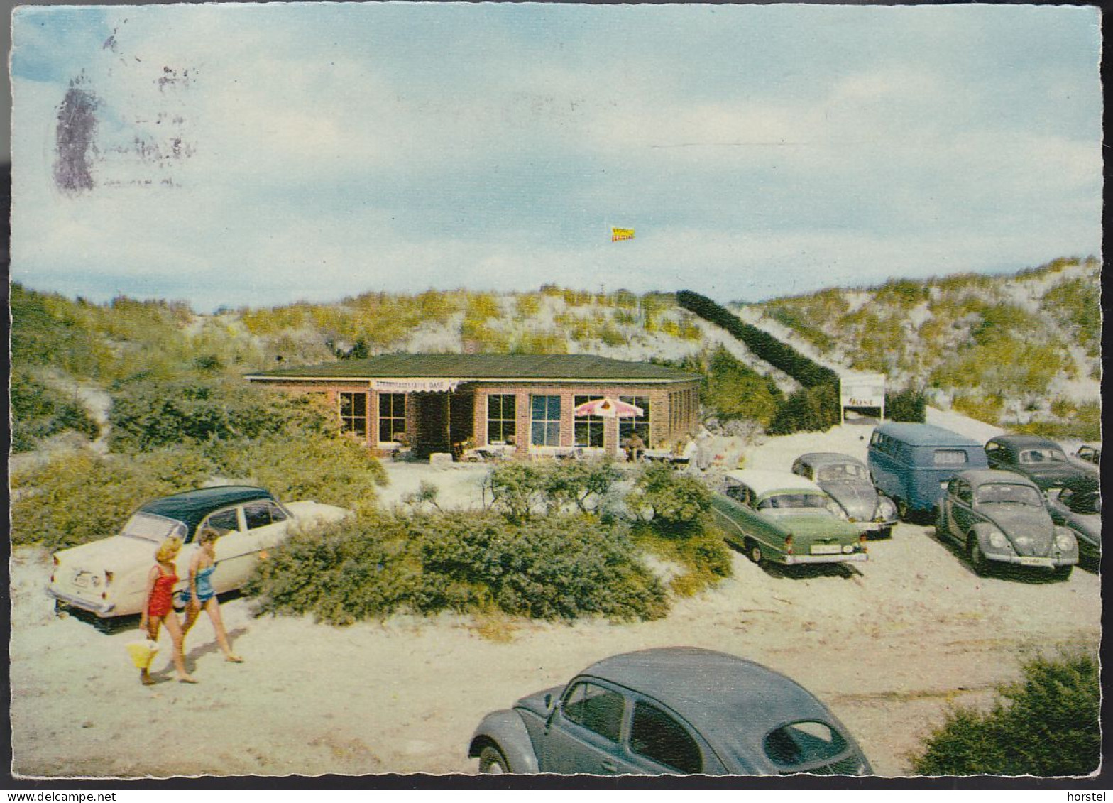 D-26548 Norderney - Strandgaststätte "Oase" - Cars - 3x VW Käfer - VW Bus - Opel Rekord P1 - Mercedes SL - Stamp - Norderney