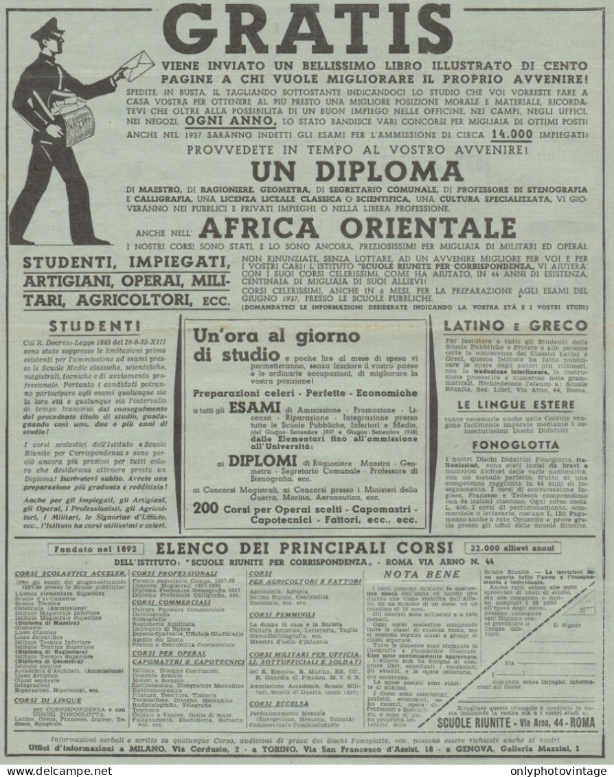 Scuole Riunite - Gratis... - Pubblicità Del 1936 - Old Advertising - Advertising