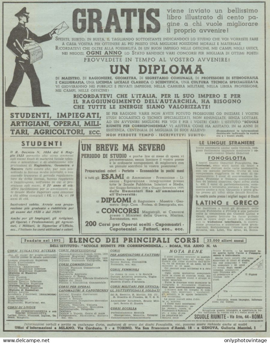 Scuole Riunite - Gratis... - Pubblicità Del 1938 - Old Advertising - Advertising