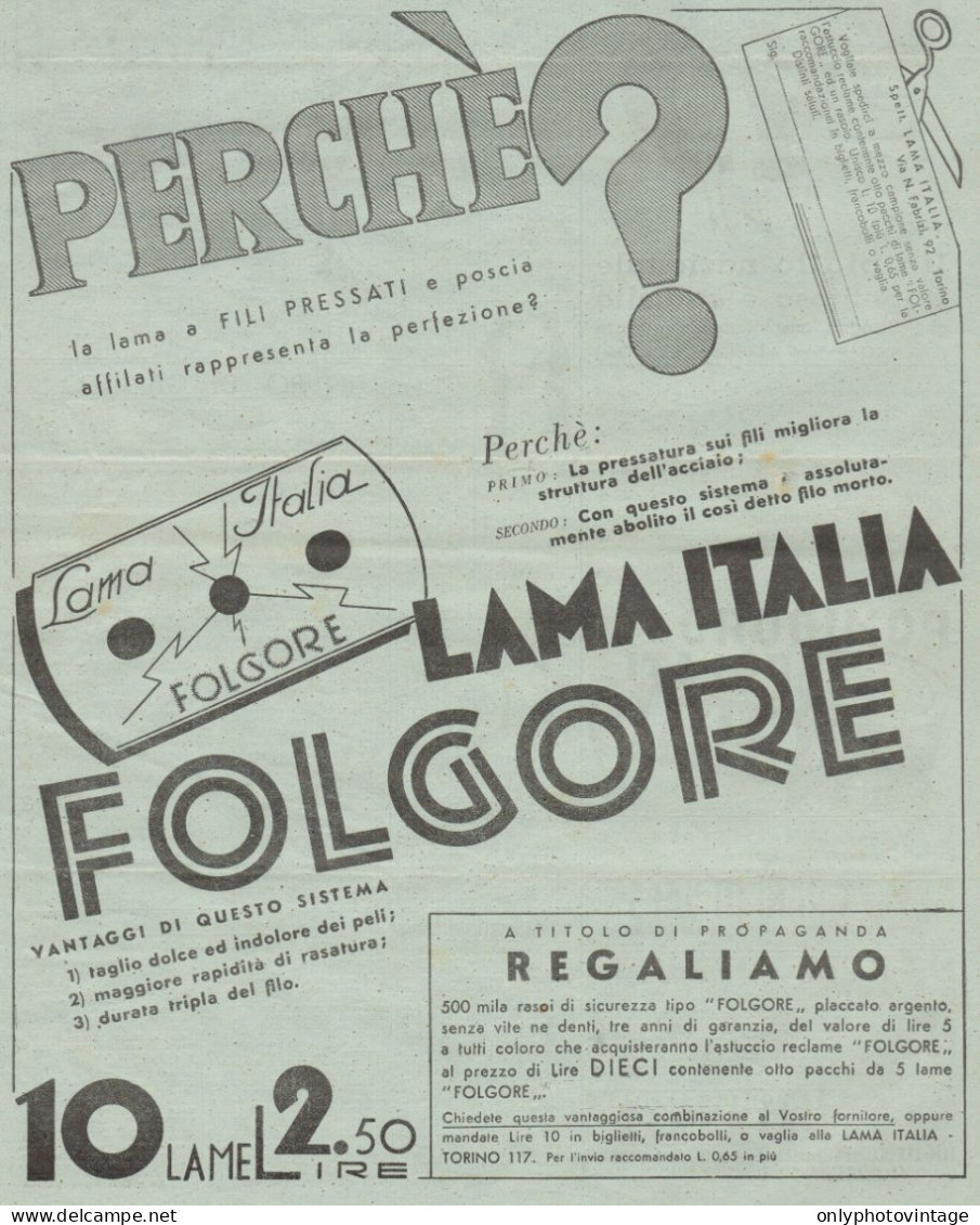 Lama Italia FOLGORE - Pubblicità Formato Grande Del 1936 - Old Advertising - Advertising