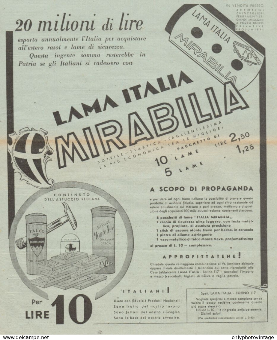 Lama Italia MIRABILIA - Pubblicità Del 1938 - Old Advertising - Advertising