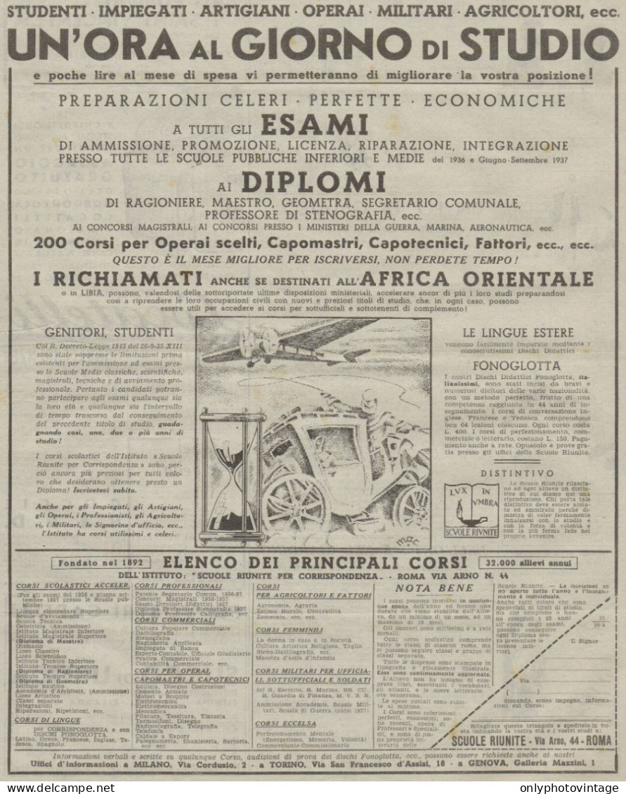Scuole Riunite - Un'ora Al Giorno Di... - Pubblicità Del 1936 - Old Ad - Advertising