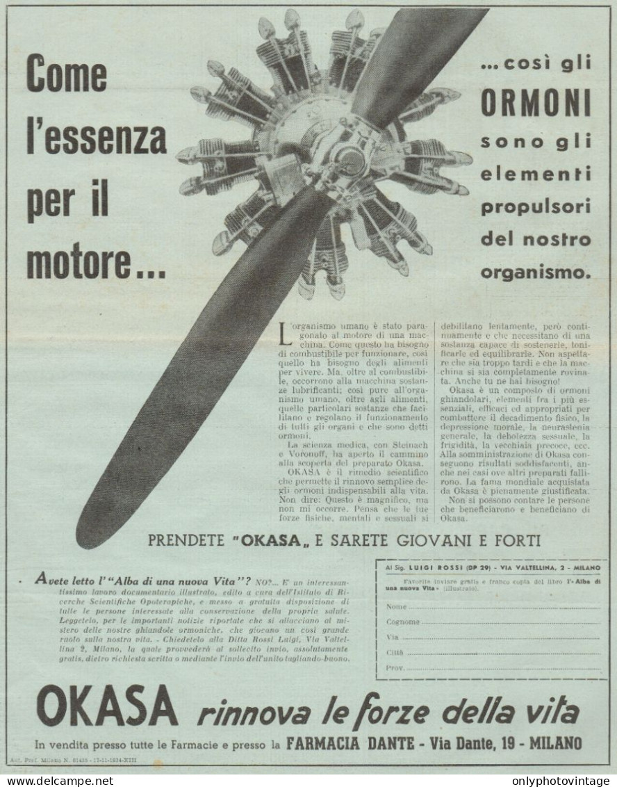 OKASA - Gli Ormoni Sono... - Pubblicità Grande Formato Del 1937 - Old Ad - Advertising