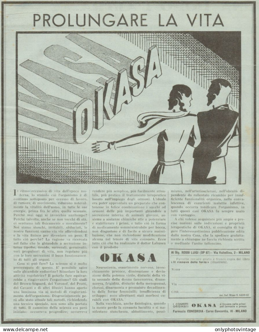 OKASA - Prolungare La Vita - Pubblicità Del 1935 - Old Advertising - Advertising