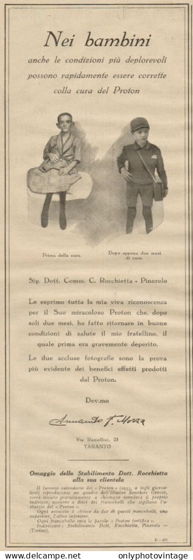 PROTON - Armando Morza - Taranto - Pubblicità Del 1932 - Old Advertising - Advertising
