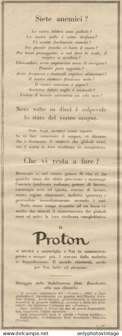 PROTON - Siete Anemici?... - Pubblicità Del 1932 - Old Advertising - Advertising