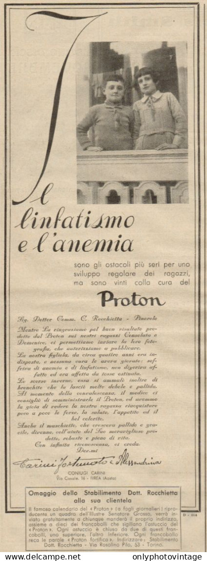 PROTON - Coniugi Carini - Ivrea - Pubblicità Del 1932 - Old Advertising - Advertising