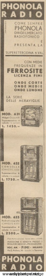 PHONOLA Radio La Serie Delle Meraviglie - Pubblicità Del 1934 - Old Advert - Advertising