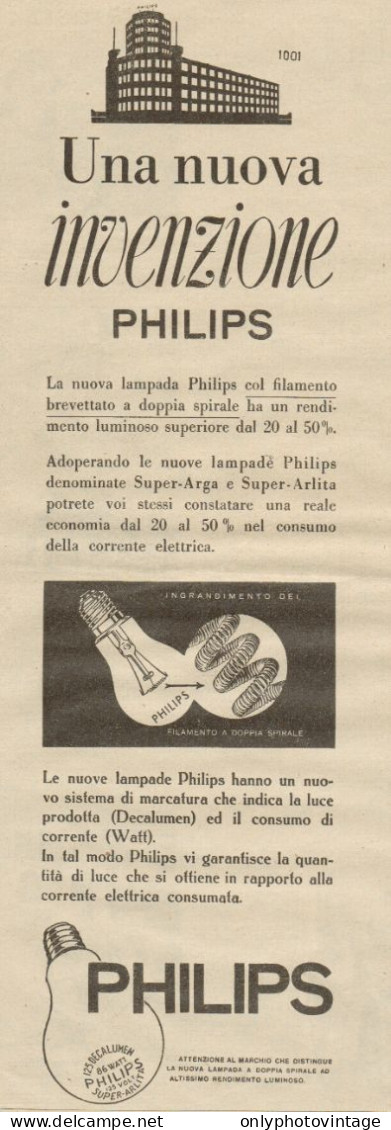 Lampade PHILIPS Una Nuova Invenzione - Pubblicità Del 1934 - Old Advert - Advertising