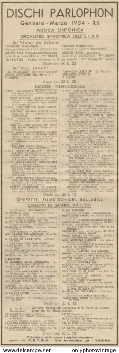 Dischi PARLOPHON Successi Internazionali - Pubblicità Del 1934 - Old Ad - Advertising