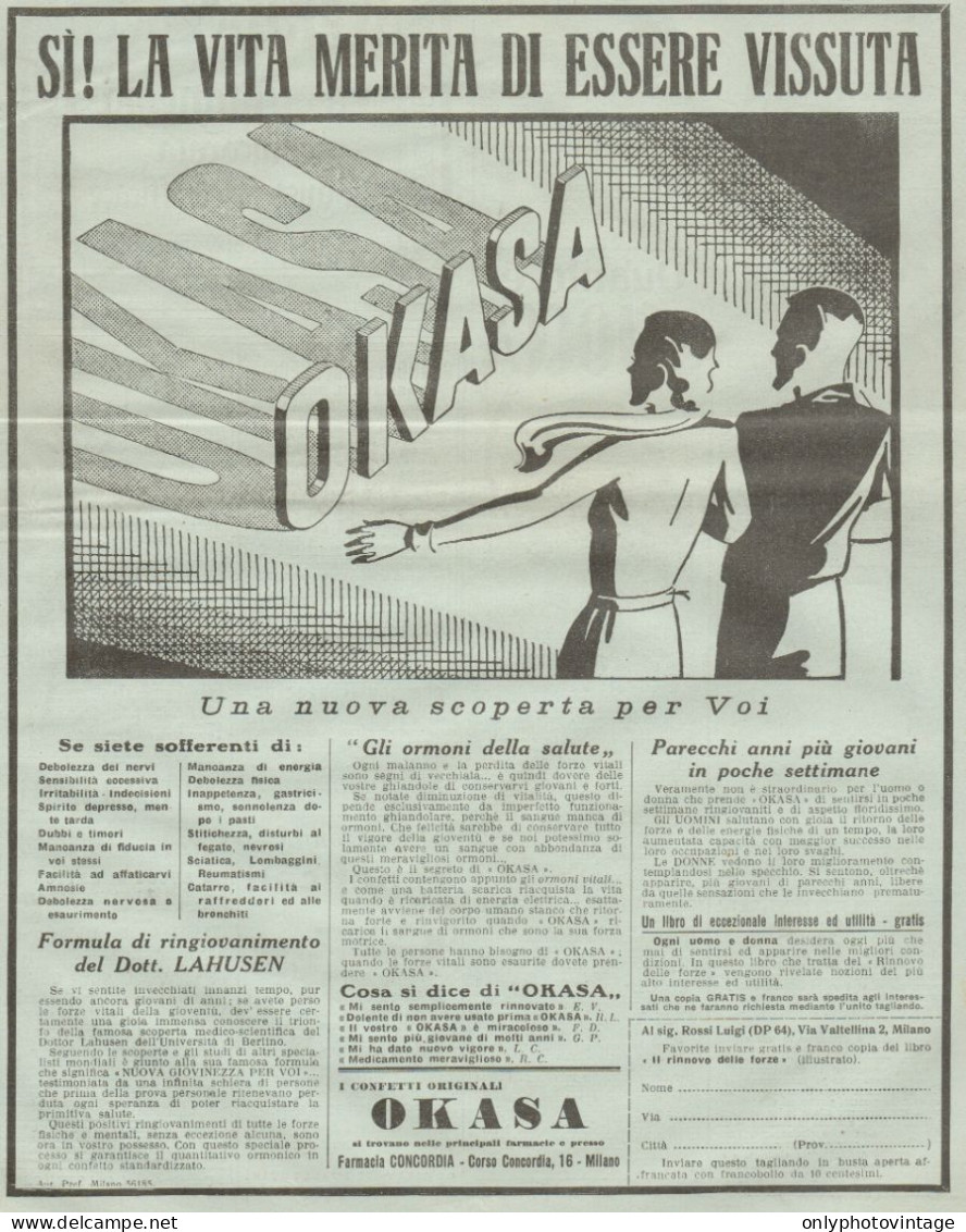 OKASA La Vita Merita Di Essere Vissuta - Pubblicità Del 1934 - Old Advert - Publicités