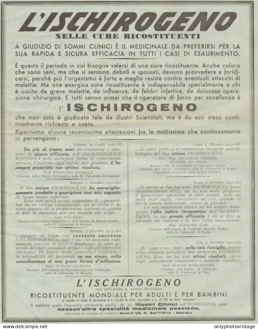 Ricostituente ISCHIROGENO - Pubblicità Formato Grande Del 1934 - Old Ad - Publicités