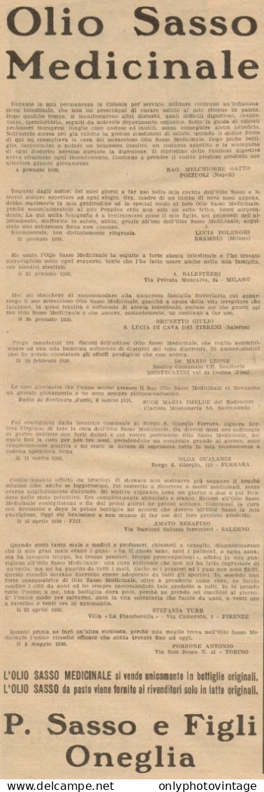 Olio Sasso Medicinale - Oneglia - Pubblicità Del 1930 - Old Advertising - Publicités