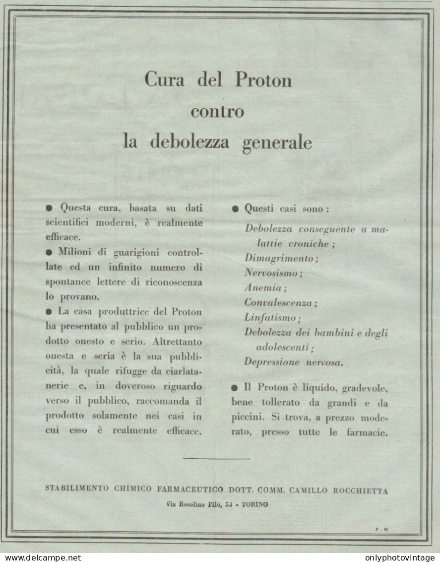 Cura Del PROTON - Pubblicità Formato Grande Del 1934 - Old Advertising - Publicités